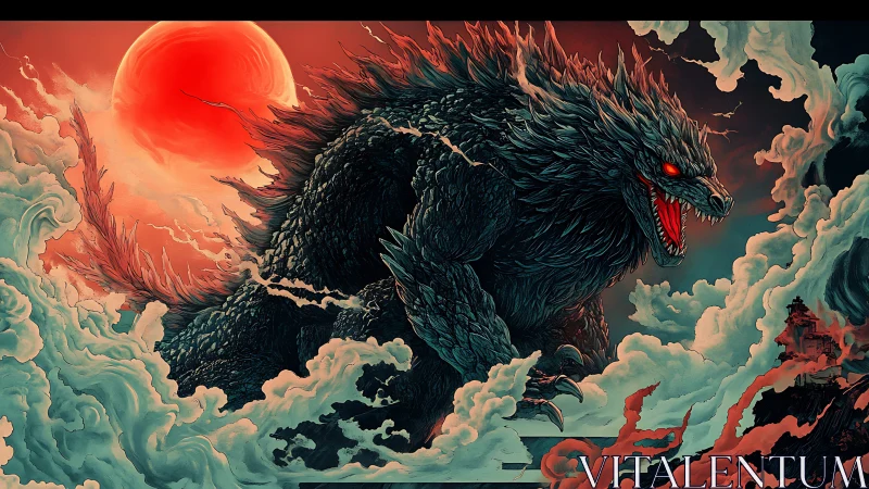 Fierce sea monster roars beneath a burning red moon.