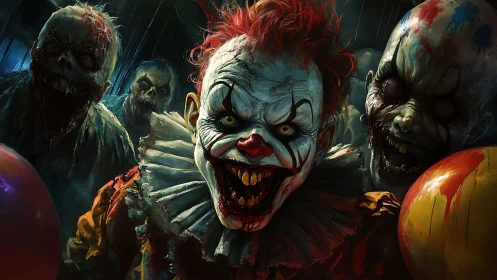 Demonic killer clown lunges forward amid undead horde