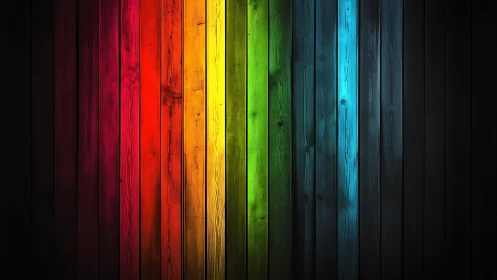 Vertical rainbow wooden planks with dark vignette edges.