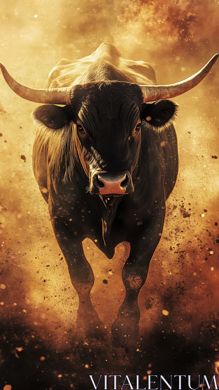 Charging bull erupts through swirling golden dust and sparks.