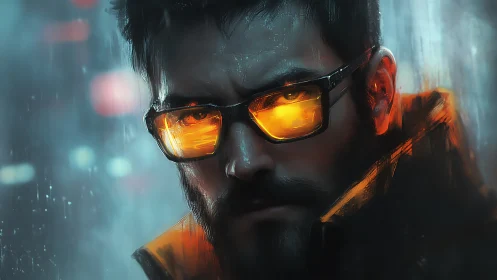 Neon-slick rain sparks firelight reflections in his glasses