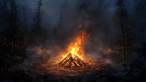 Bonfire Engulfed in Flames Within Misty Coniferous Forest.