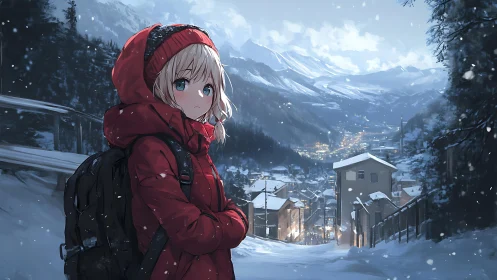 Girl in red coat stands above illuminated winter valley