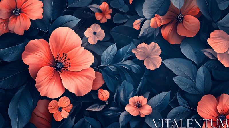 Coral Poppies and Navy Foliage in Digital Botanical Illustration