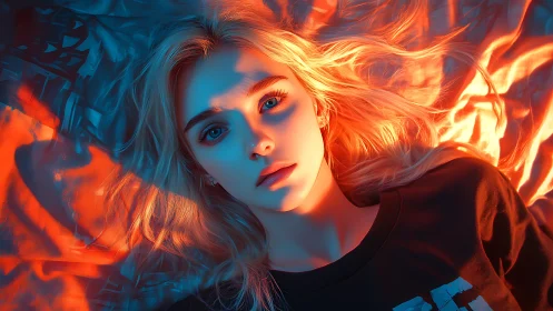 Neon dusk holds a luminous gaze between fire and frost