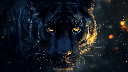 Black tiger close-up with glowing golden eyes in dark forest