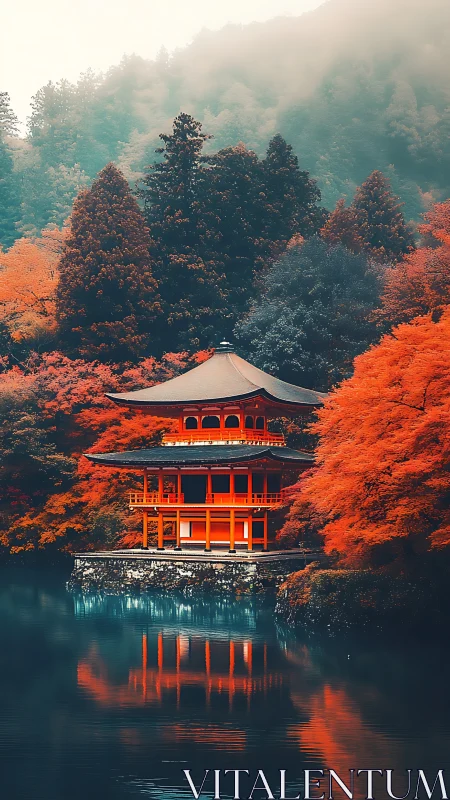 Crimson lakeside temple rests gently in a misty autumn forest