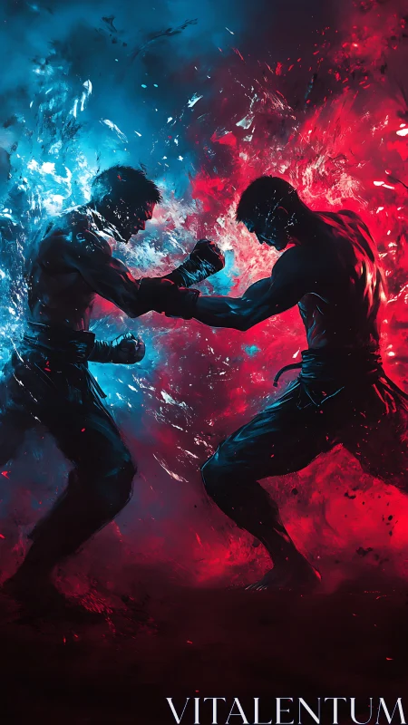 Silhouetted Combat Figures Against Dual Energy Explosions.