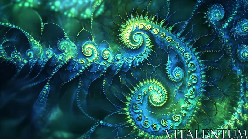 Neon fractal spirals in bioluminescent teal and lime gradients.