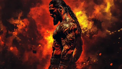 Tattooed warrior stands in profile against fiery explosion.