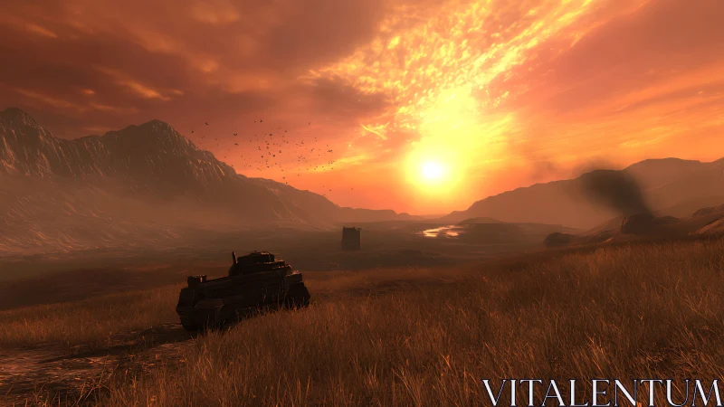 War-torn valley smolders beneath a burning copper sunset.