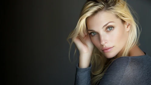 Portrait of blonde woman in soft lighting, modern natural style.