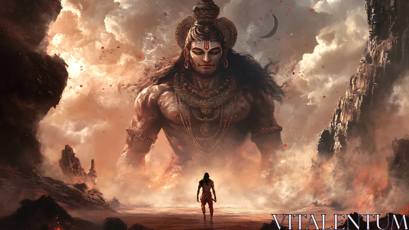 Giant warrior deity emerges from stormy fiery clouds.