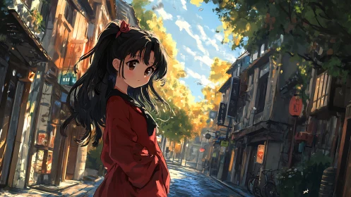 Girl in red coat on sunlit traditional street in autumn.