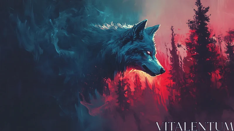 Ghostly wolf head over red forest in vivid neon colors.