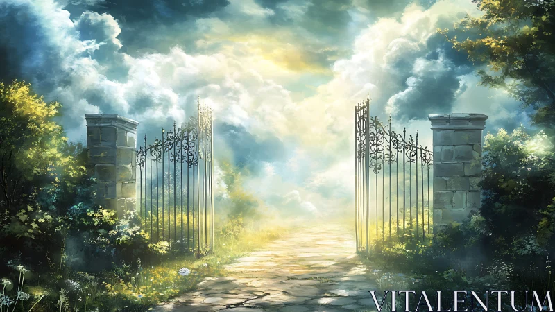 Sunlit wrought iron garden gate opening to ethereal path
