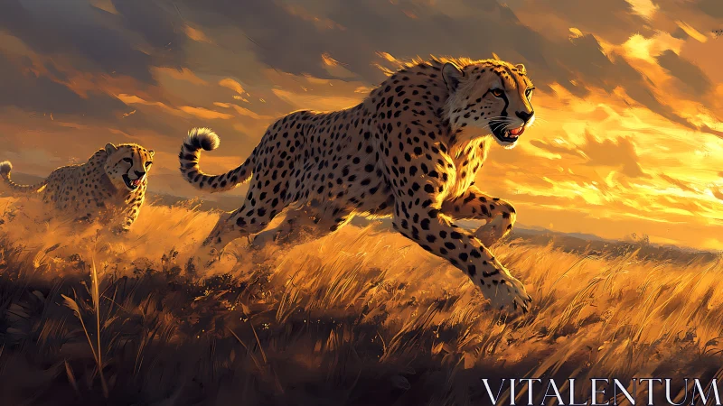 Cheetahs Sprint Through Golden Grassland at Sunset.
