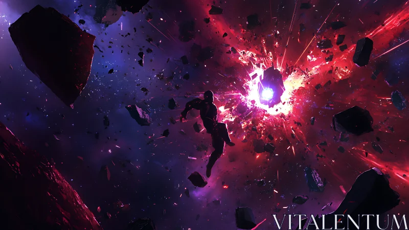 Armored astronaut drifts through high-energy cosmic explosion field