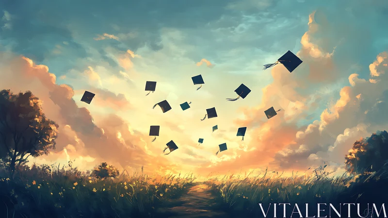 Digital painting of graduation caps in expansive sunset sky.