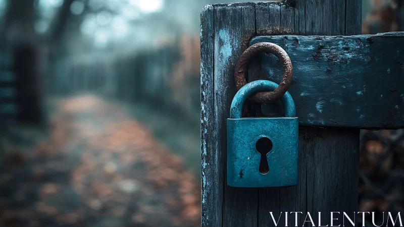 Corroded blue padlock secures weathered gate in shallow focus