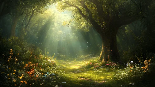 Enchanted forest bathed in golden sunlight and ethereal radiance.