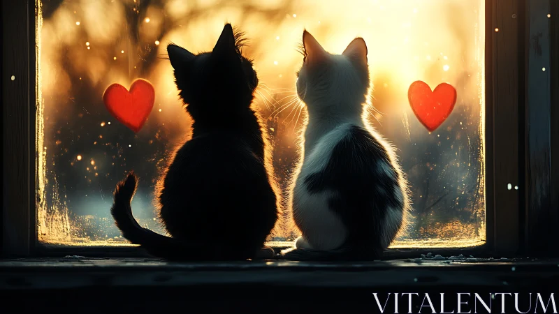 Two cats in silhouette positioned at window with golden backlighting.