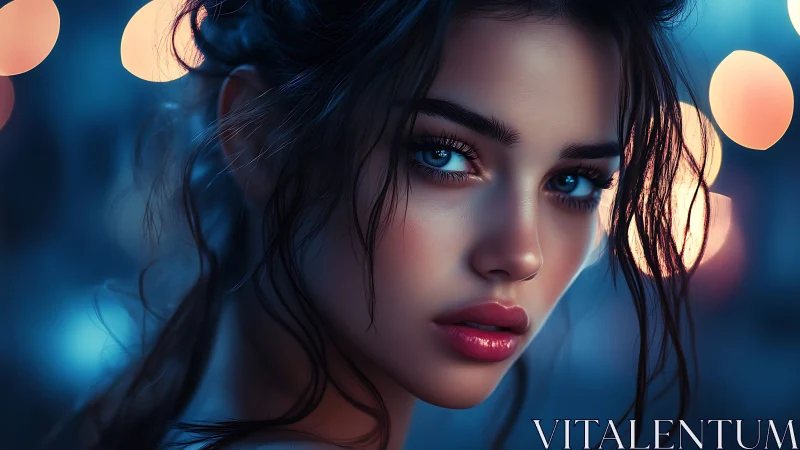 Close-up digital portrait of young woman with blue eyes.