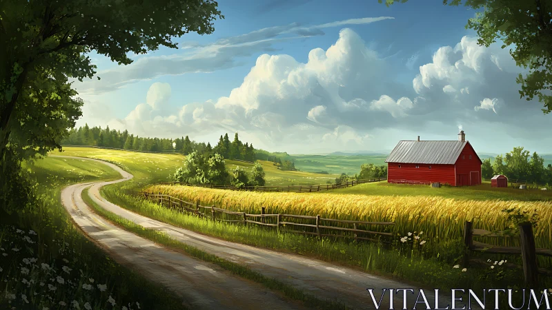 Curving country road leading to sunlit red barn landscape.