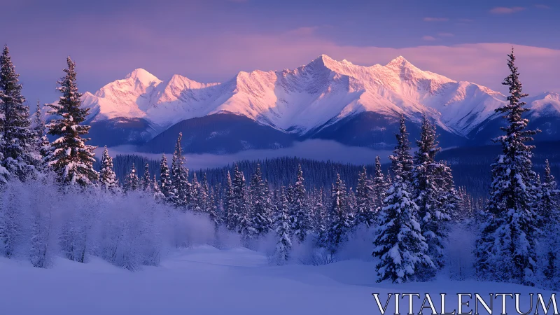 Snowy evergreen valley under pink alpine sunrise light.