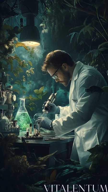 Jungle Lab Alchemist Studying Bioluminescent Secrets at Night.