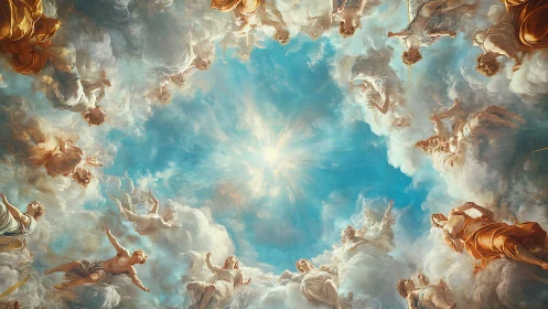 Baroque celestial dome with ascending deities in radial composition.