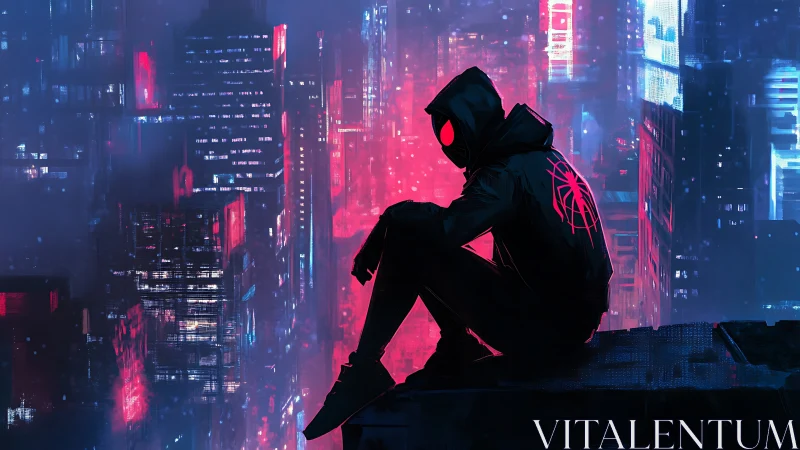 Hooded vigilante overlooks neon city from rooftop edge
