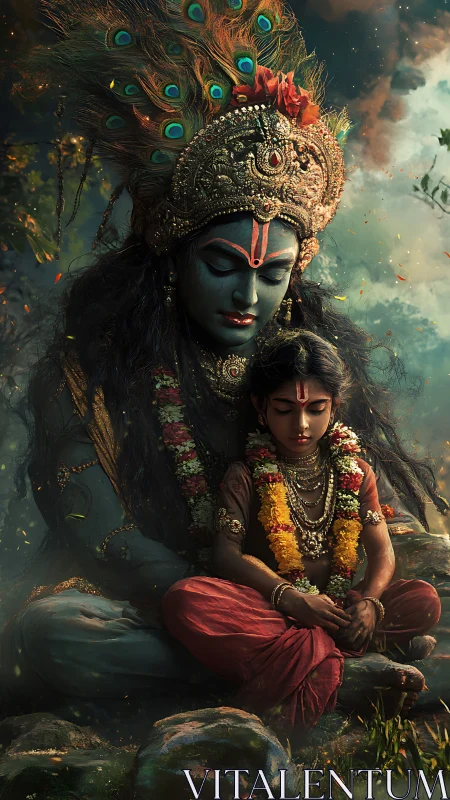 Sacred guardian sits in serene silence with a meditating child