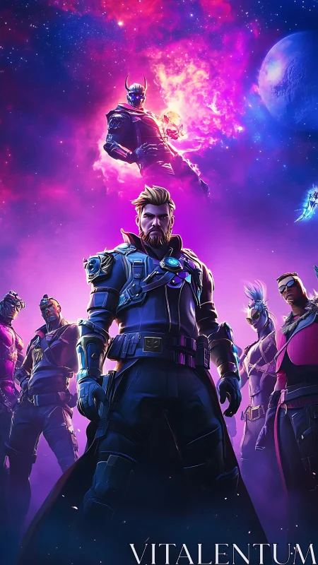 Fortnite-style sci fi squad posed under vivid cosmic sky.