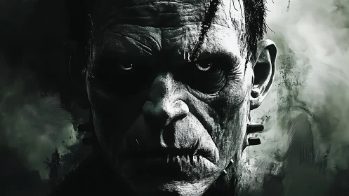 Monochrome Frankenstein portrait uses harsh raking light and high contrast
