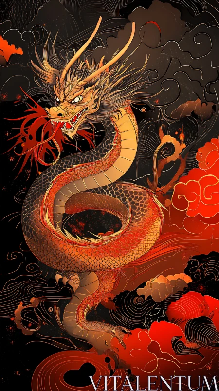 Fiery golden dragon coils through stormy crimson clouds