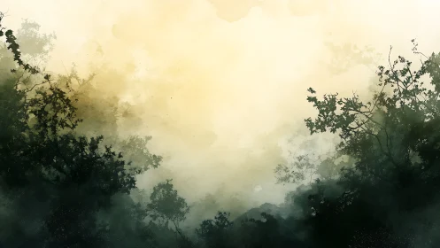 Atmospheric Forest Landscape with Layered Translucent Foliage and Golden Zenith Lighting
