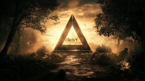 Golden triangular monolith glowing within misty forest portal.