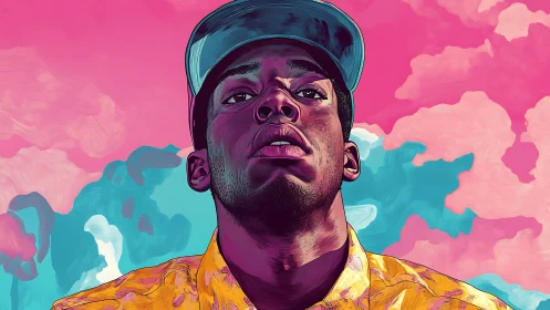 Sky-gazing portrait in neon clouds and golden streetlight hues.