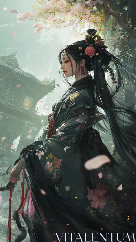 Spring blossoms swirl around a serene kimonoed dreamer.