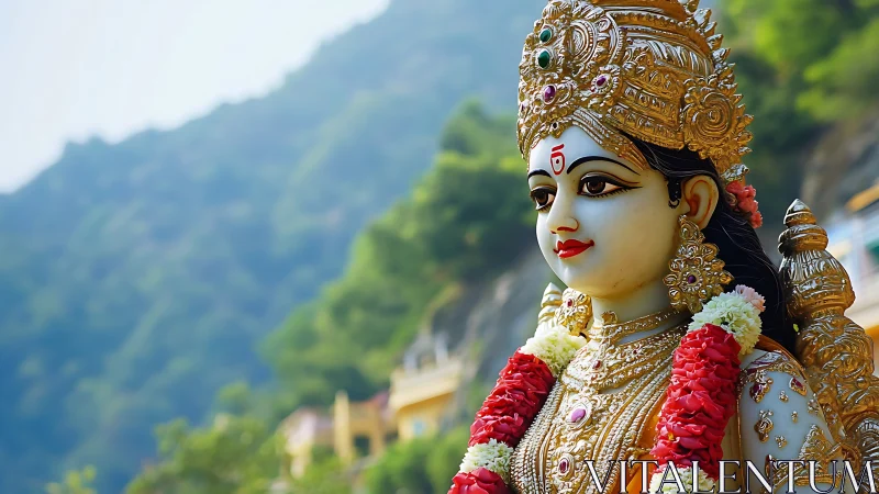 Photorealistic gilded deity sculpture with mountain backdrop.