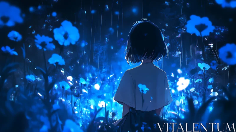 Girl observes bioluminescent night meadow under falling rain