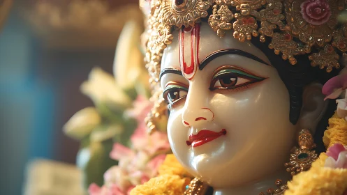 Radiant deity sculpture glows with gentle, golden warmth