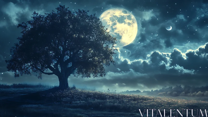Lone oak silhouette under oversized moonlit nocturnal sky