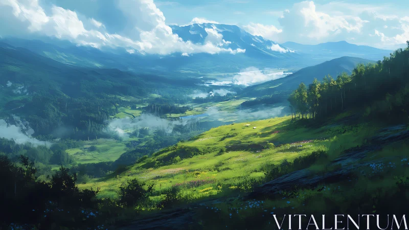 High-altitude river valley with sunlit meadows and clouded peaks