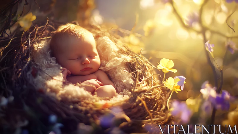 Gentle newborn dreaming softly in a sunlit flower nest.