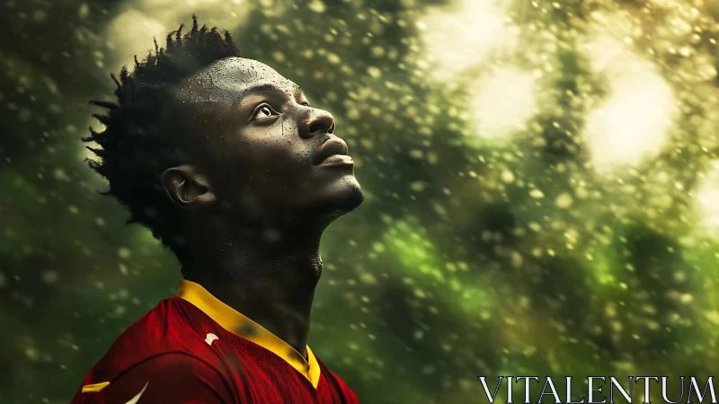 Backlit footballer under rainfall with cinematic depth of field.