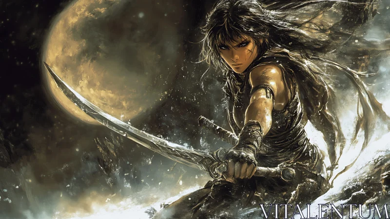 Moonlit warrior lunges with curved blade through storm.