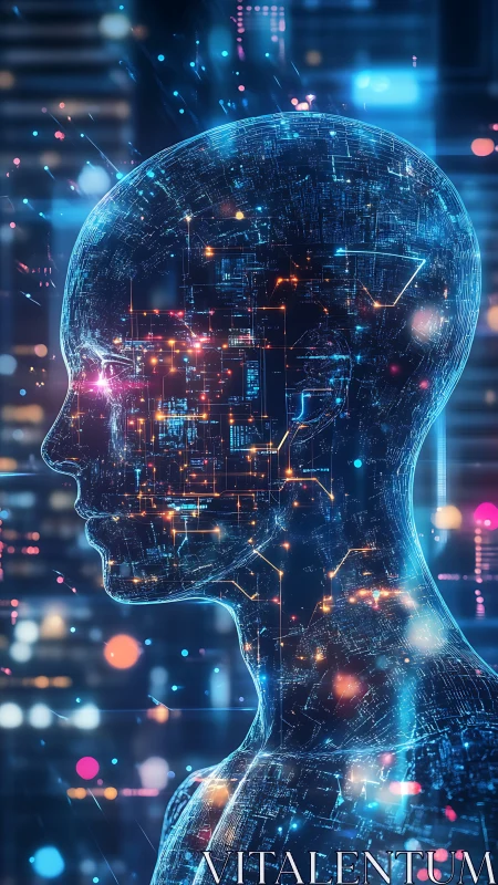 Futuristic digital human profile with glowing neural circuits.