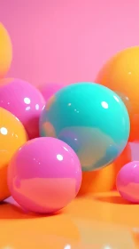 Glossy multicolored spheres on vibrant pink-orange background.